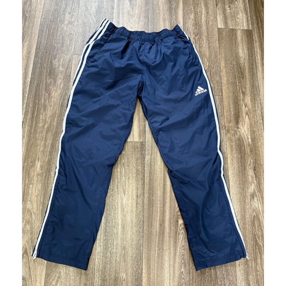ADIDAS MEN'S TACK PANTS SIZE XL NAVY WHITE STRIPES WINDBREAKER PULL ON